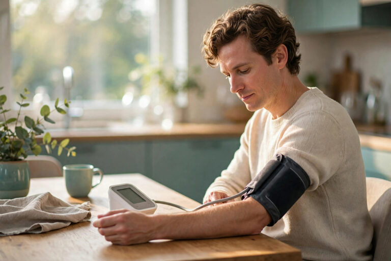 Man checking blood pressure with a home digital monitor at home